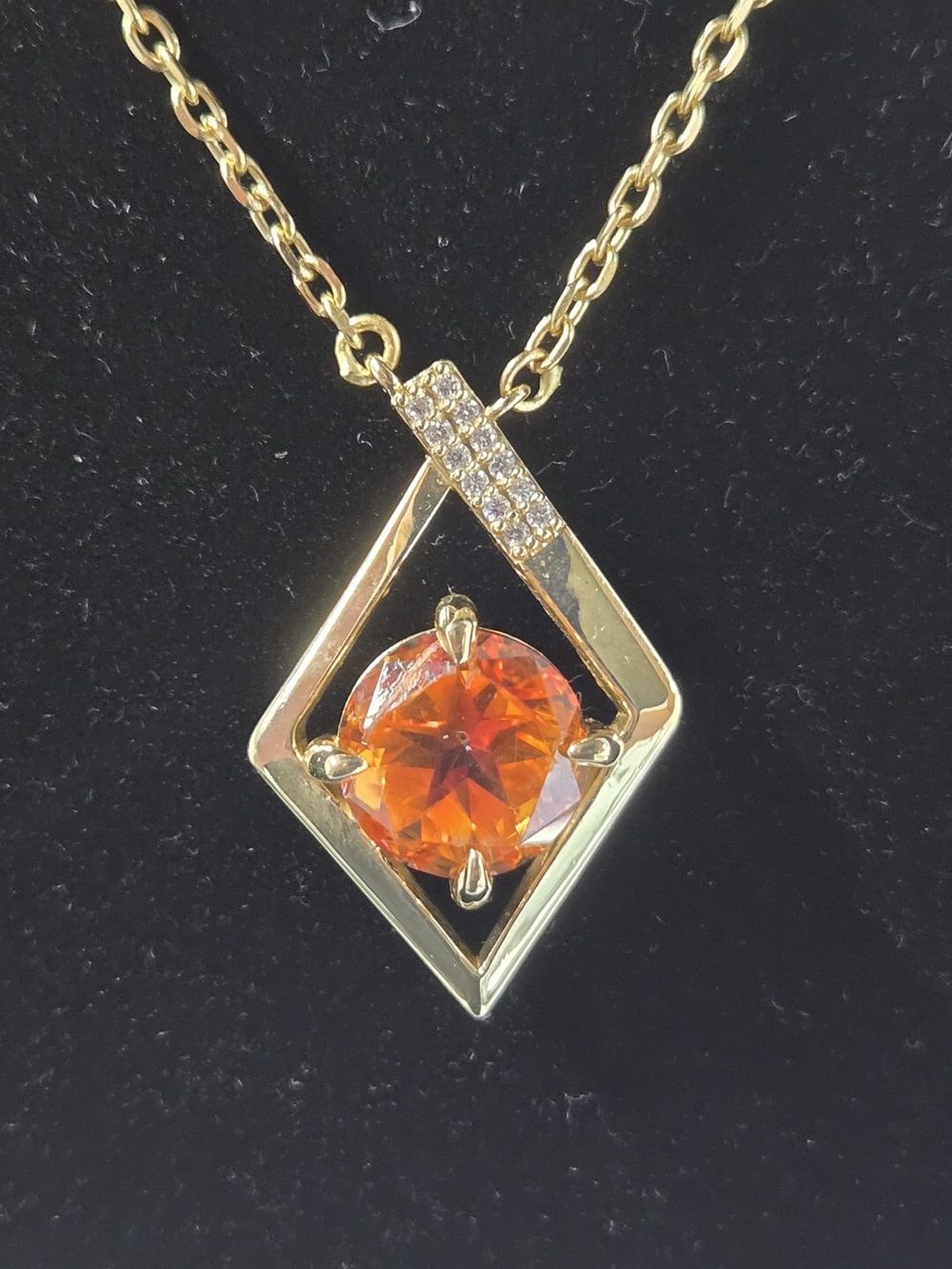 Orange fire opal and diamond pendant in 14k solid yellow gold, chain is 18k gold